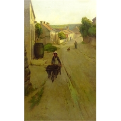  Owen Bowen (Staithes Group 1873-1967): Child with a Wheelbarrow 'Linton near Collingam', oil on canvas signed and dated '91, titled and dated 1891 verso 89cm x 55cm  DDS - Artist's resale rights may apply to this lot  