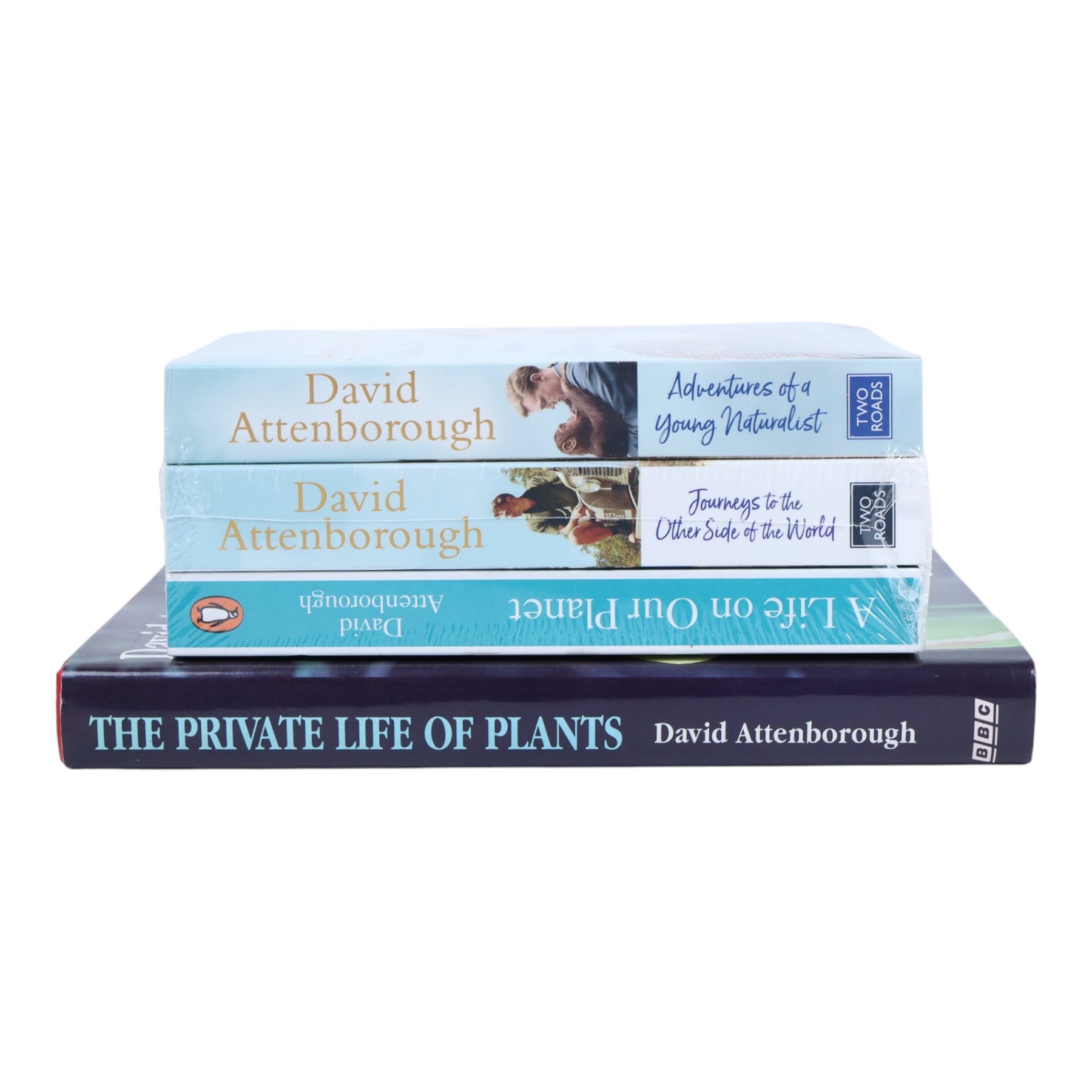 Collection of David Attenborough memorabilia, to include 'The Private Life of Plants' signed DVD, 'The Private Life of Plants' hardback, 'Adventures of a Young Naturalist' paperback, framed signed items and two other paperbacks