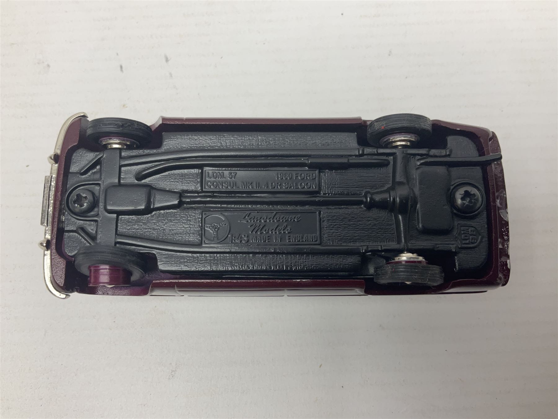 Four Lansdowne Models 1:43 scale models - 1956 Hillman minx Series 1 (Pearl grey over Fiesta blue); 1957 Hillman Husky Series 1 (Seacrest green/foam grey); 1960 Ford Consul MkII (Imperial maroon/smoke grey); and 1972 Vauxhall Ventora 3300 MkII; all boxed (4)