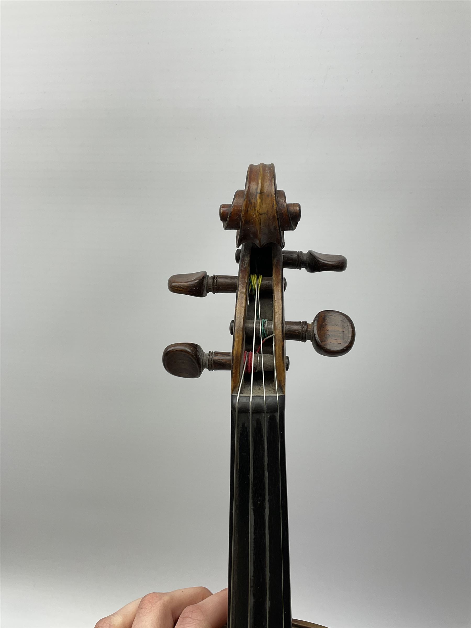 French Mirecourt violin c1920s with 36cm one-piece maple back and ribs and spruce top, labelled Jermone Thibouville-Lamy, L59cm, in fitted carrying case with German bow and 1984 valuation certificate by Frome Valley Music