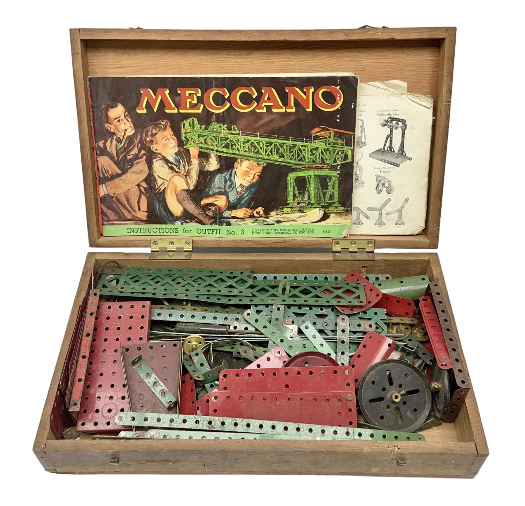 Meccano - quantity of playworn sections in red and green, in scratch-built pitch pine box with 3, 3A and 4A instruction booklets, box L43cm