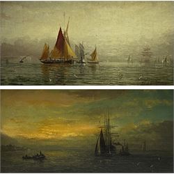 William Adolphus Knell (British 1801-1875): Shipping at Sunrise and Sunset, pair oils on canvas signed 13cm x 26cm (2)