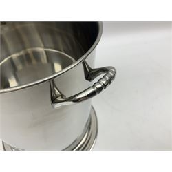 Lois Roederer champagne bucket of cylindrical form with twin handles, marked Lois Roederer monogram and detailed ‘Louis Roderer Fonde en 1776’, H24 D18cm
