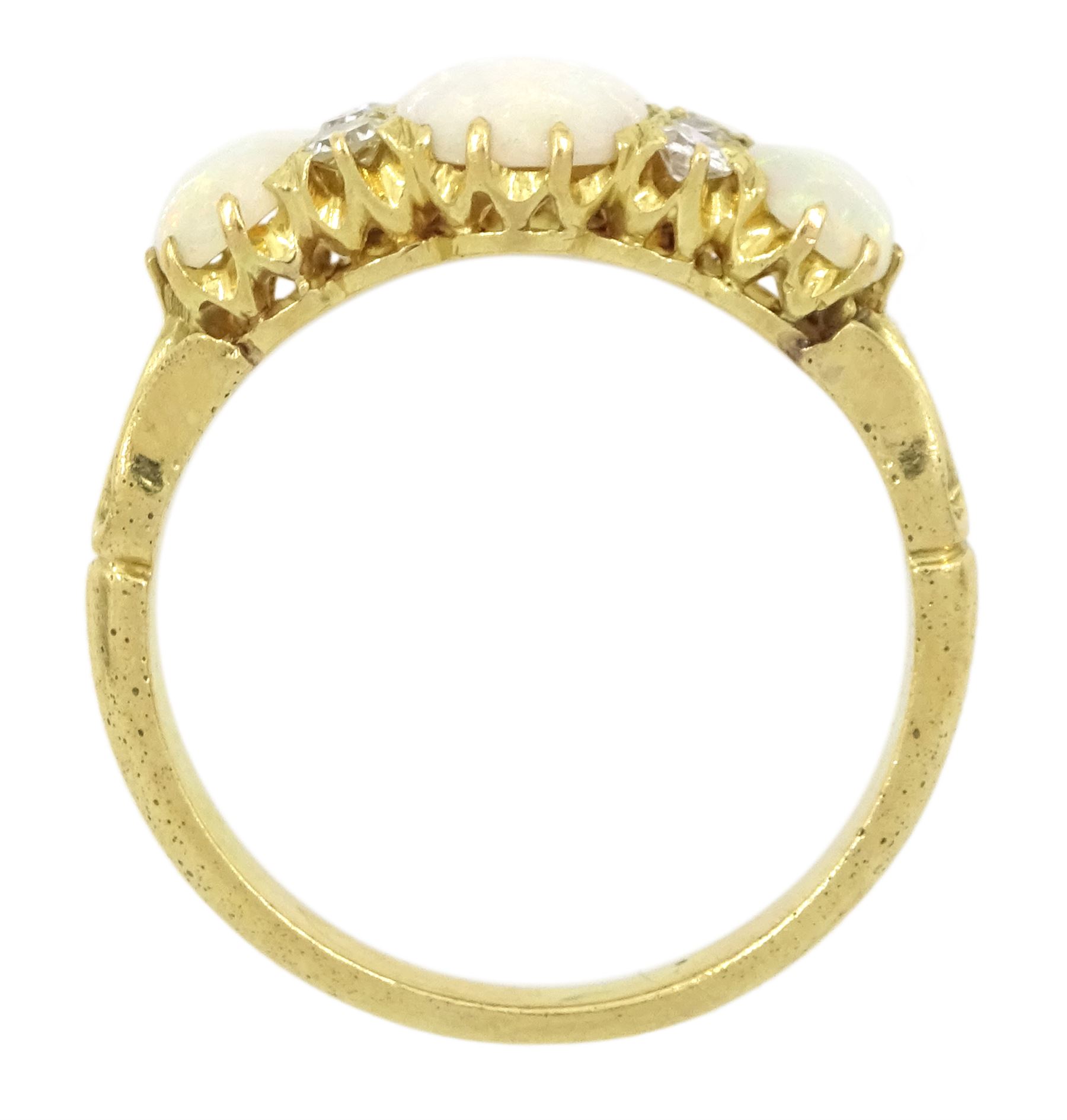 Early 20th century 15ct gold three stone opal and six stone old cut diamond ring