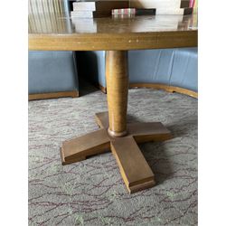 Set of three round (D125cm x H75cm), and one small round (D55cm x H49cm), walnut finish dining tables (4)- LOT SUBJECT TO VAT ON THE HAMMER PRICE - To be collected by appointment from The Ambassador Hotel, 36-38 Esplanade, Scarborough YO11 2AY. ALL GOODS MUST BE REMOVED BY WEDNESDAY 15TH JUNE.