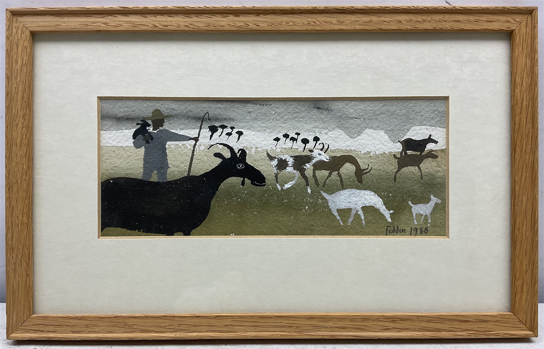 Mary Fedden OBE RA RWA (British 1915-2012): The Goat Herder, watercolour and ink signed and dated 1988, 7.5cm x 19cm