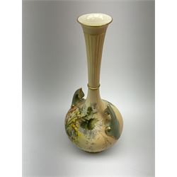 Royal Worcester blush ivory vase, the bulbous body with twin flying handles and tall tapering neck, hand painted with flowers, shape number 1761, 24cm high. 