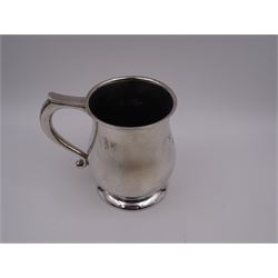 1930s silver tankard, of baluster form, with personalised engraving and C scroll handle, upon spreading circular foot, hallmarked Mappin & Webb Ltd, Sheffield 1938