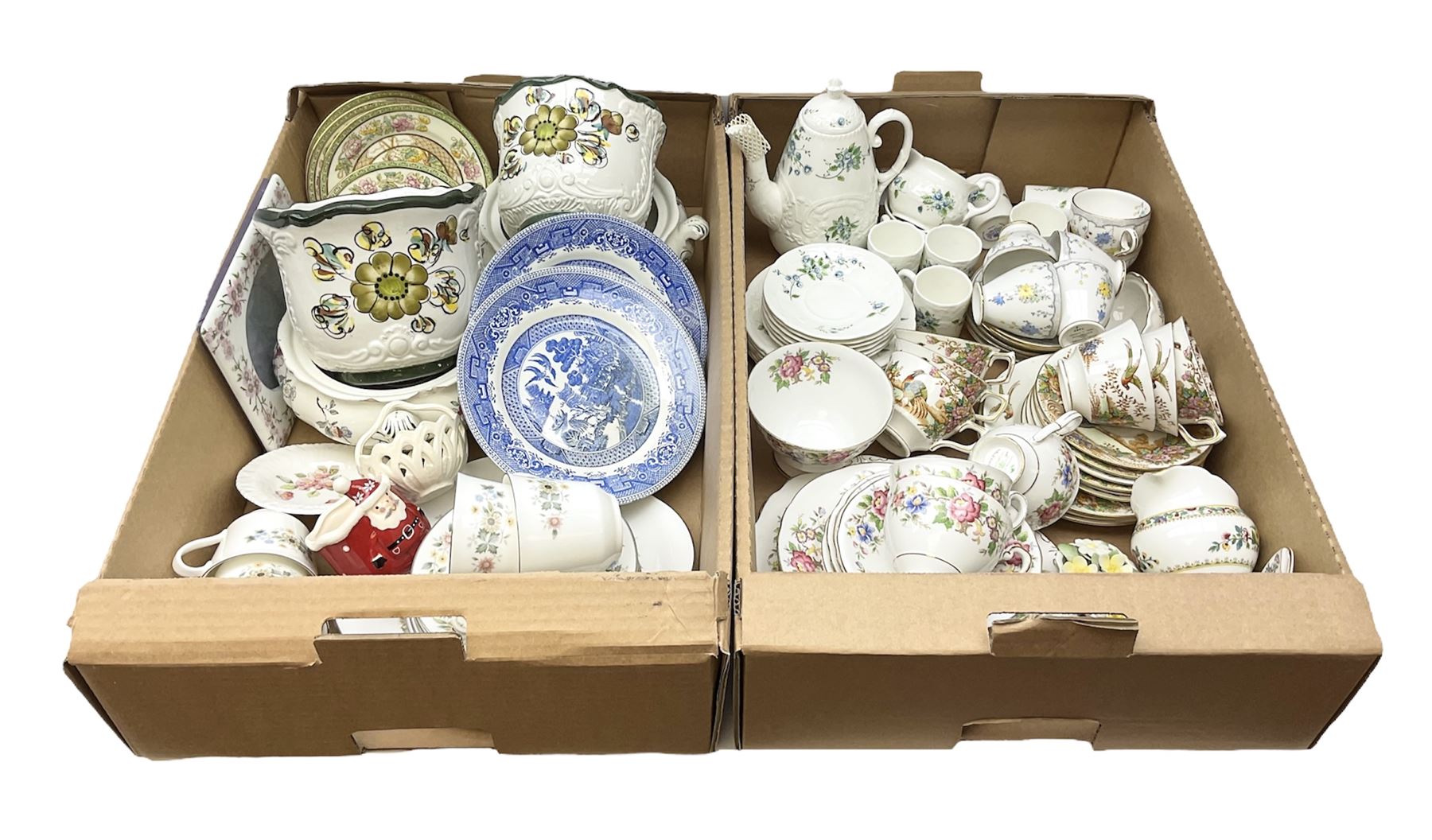 Coalport 'Tintern' pattern coffee service for six, Royal Stafford 'Rochester' teawares, Sutherland China 'Exotic' teawares, Royal Doulton 'Pastorale' cake plate, teacups and saucers etc