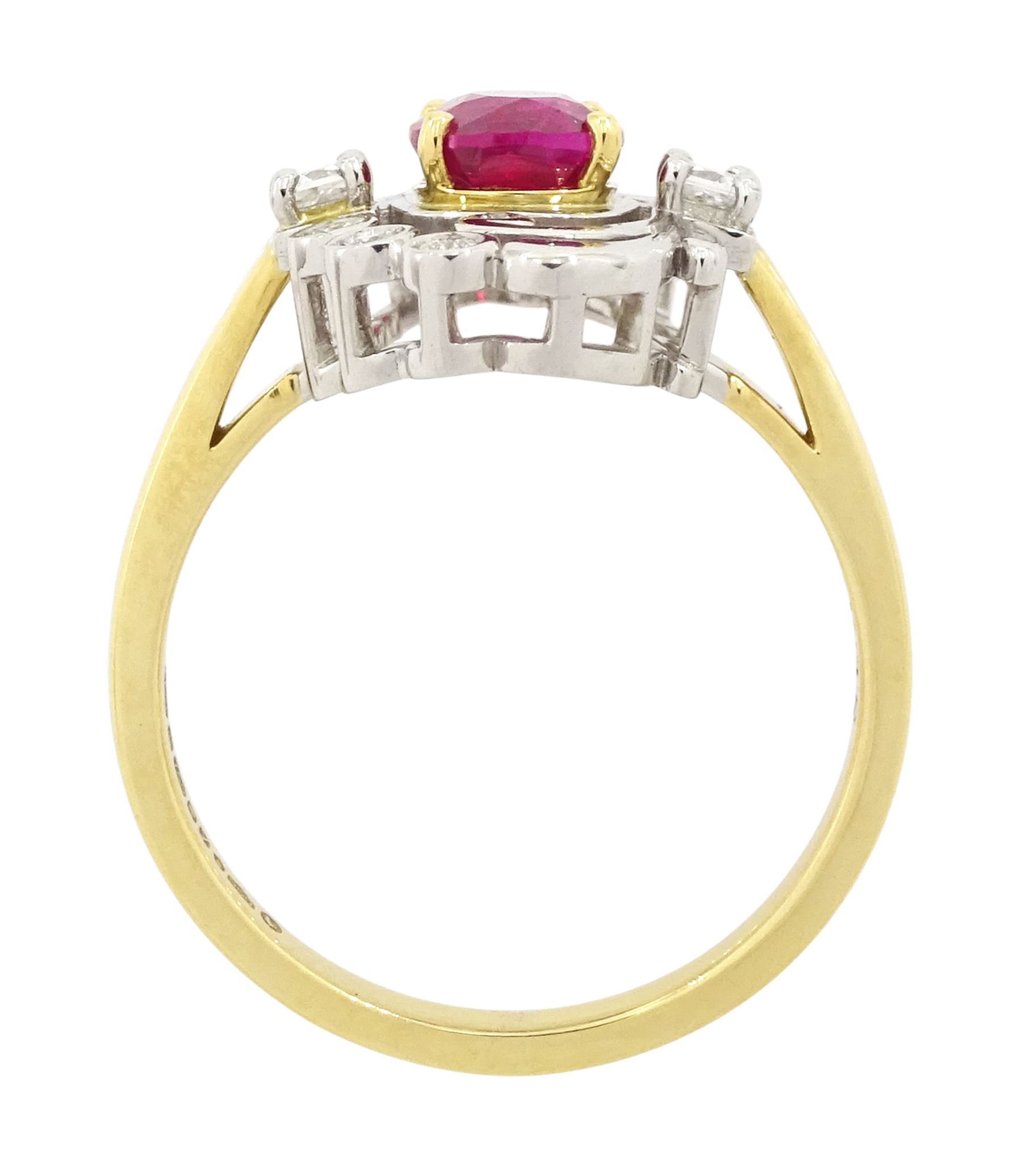 18ct gold and platinum Burmese ruby and diamond ring by Scarab London, single rectangular cushion cut unheated ruby of 1.13 carat, with a single French cut diamond set either side and round brilliant cut diamond surround, in a scrolling foliate design setting, with Alan Poultney Gems report, the ruby with The Gem & Pearl Laboratory report