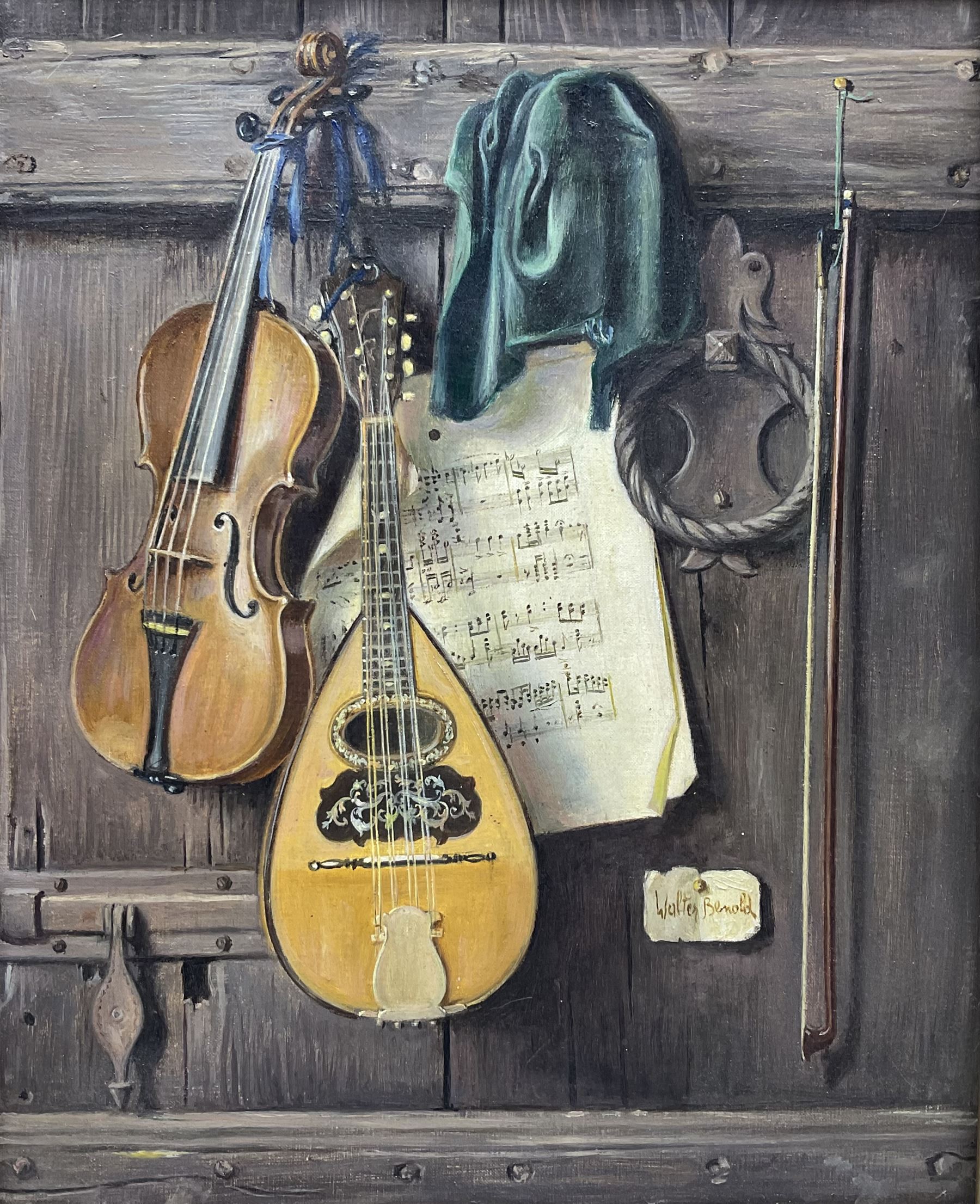 Walter Benoldi (Italian 1914-1985): Trompe L'œil Musical Instruments, oil on canvas signed 34cm x 27cm