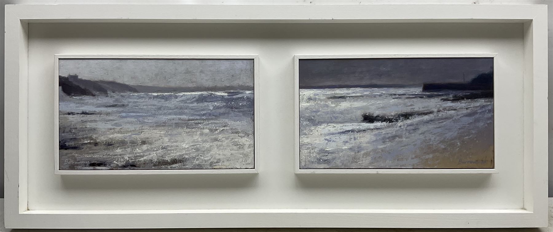Andrew Barrowman (British Contemporary): Portleven Cornwall, pair oils on panel signed each 15cm x 26cm (framed as one)