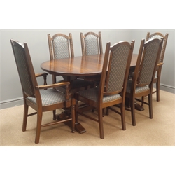  Nathan oak extending dining table, turned and carved columns joined by single stretcher on sledge feet (W, H75cm, D93cm and six chairs arched cresting rail, upholstered back and seat, turned supports  