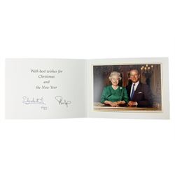 HM Queen Elizabeth II and HRH the Duke of Edinburgh - signed 1997 Christmas card with two gilt cyphers to front and colour photographic portrait inside,  signed Elizabeth R and Philip with manuscript date 1997 below