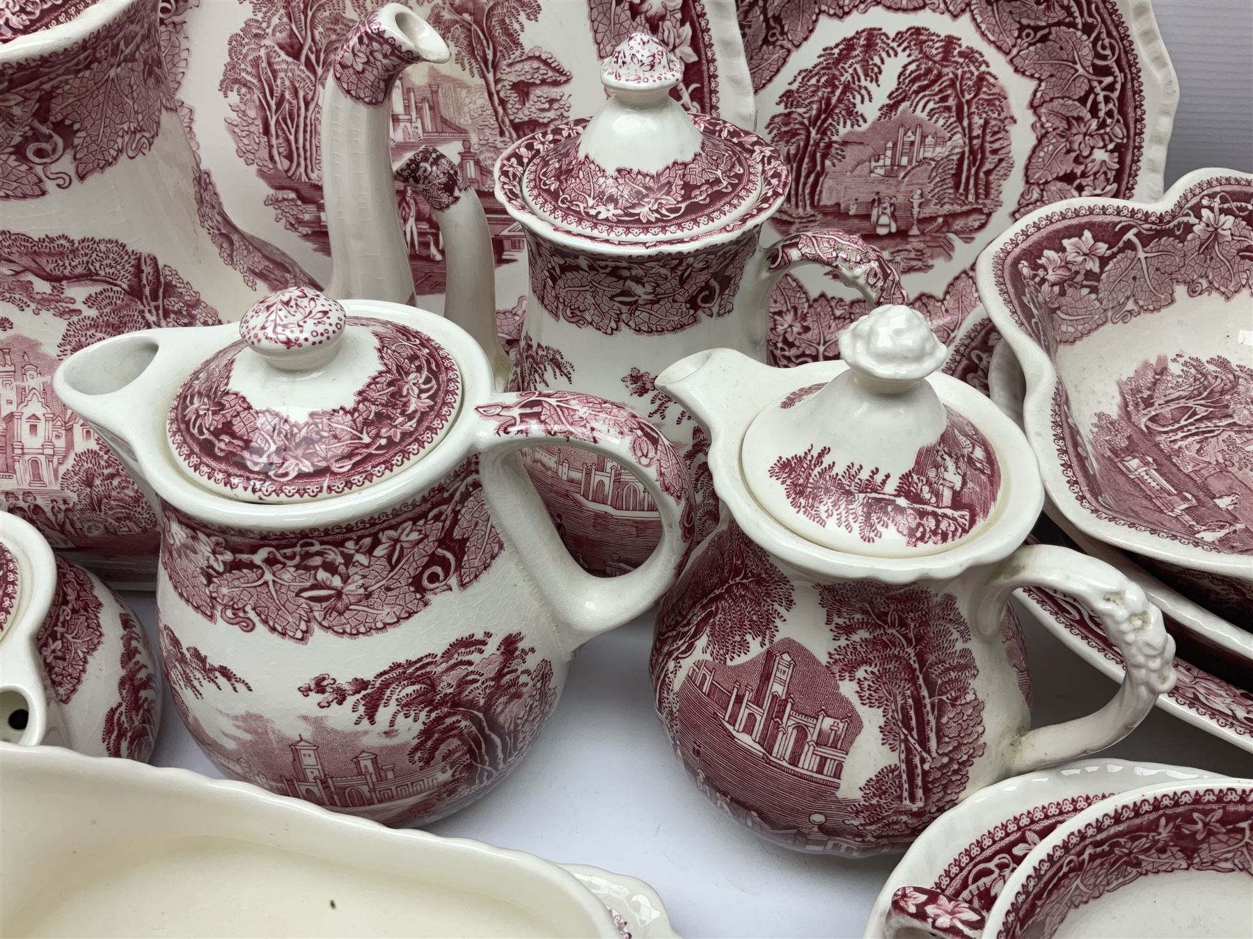 Masons Vista pattern ceramics, including coffee pot, sauce boat, twin handled jar and cover, teapots, mugs, etc 