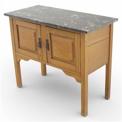Edwardian walnut stained washstand, rectangular grey marble top, the base fitted with a pair of panelled cupboard doors with iron handles, raised on square tapering supports