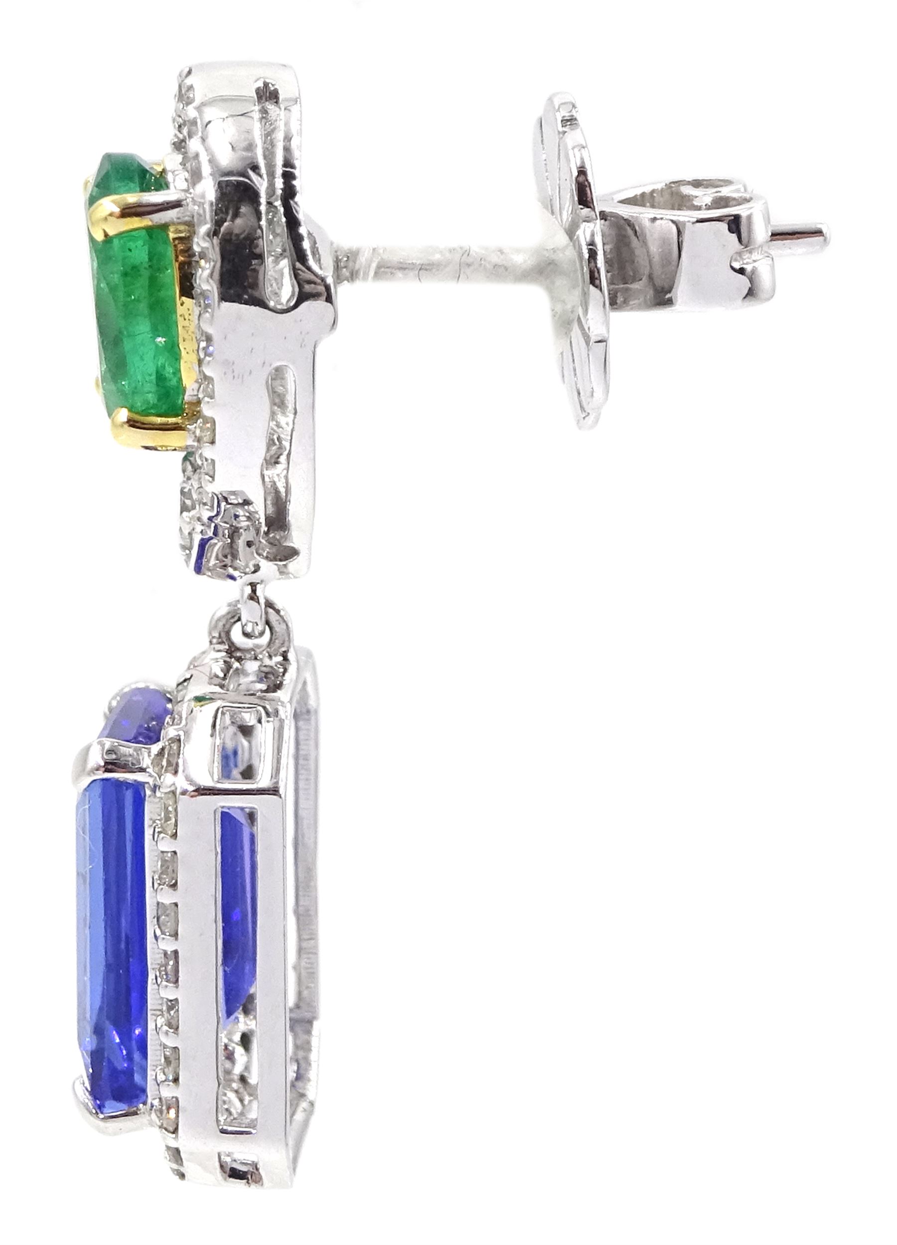 Pair of 18ct white gold emerald cut tanzanite, oval emerald and diamond