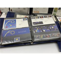 Mostly Great British first day covers, some with special postmarks, from the 1960s to the early 2000s and a small number of Queen Elizabeth II usable postage stamps, housed in eleven ring binder folders