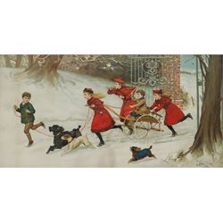 After Charles Trevor Garland (British 1855-1906): Playing with a Cart in the Snow, Edwardian chromolithograph 32cm x 60cm