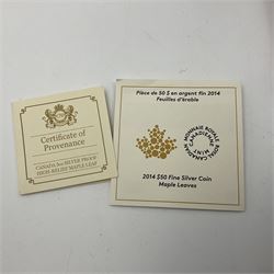 Royal Canadian Mint 2014 'Maple Leaves' fine silver fifty dollar coin, cased with certificate