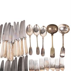 Collection of silver plated cutlery including, ladles, table knives, forks and spoons