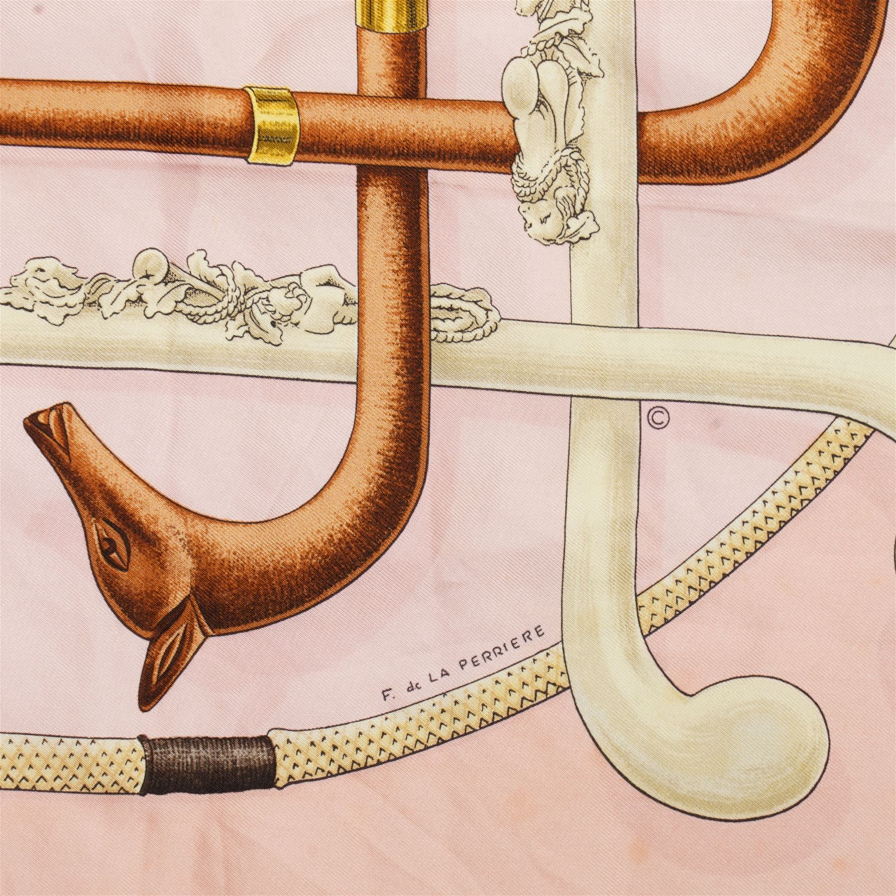 Hermes 'Cannes et Pommeaux' silk scarf in pink and grey colourway, designed by Francoise De La Perriere, 90cm x 87cm 