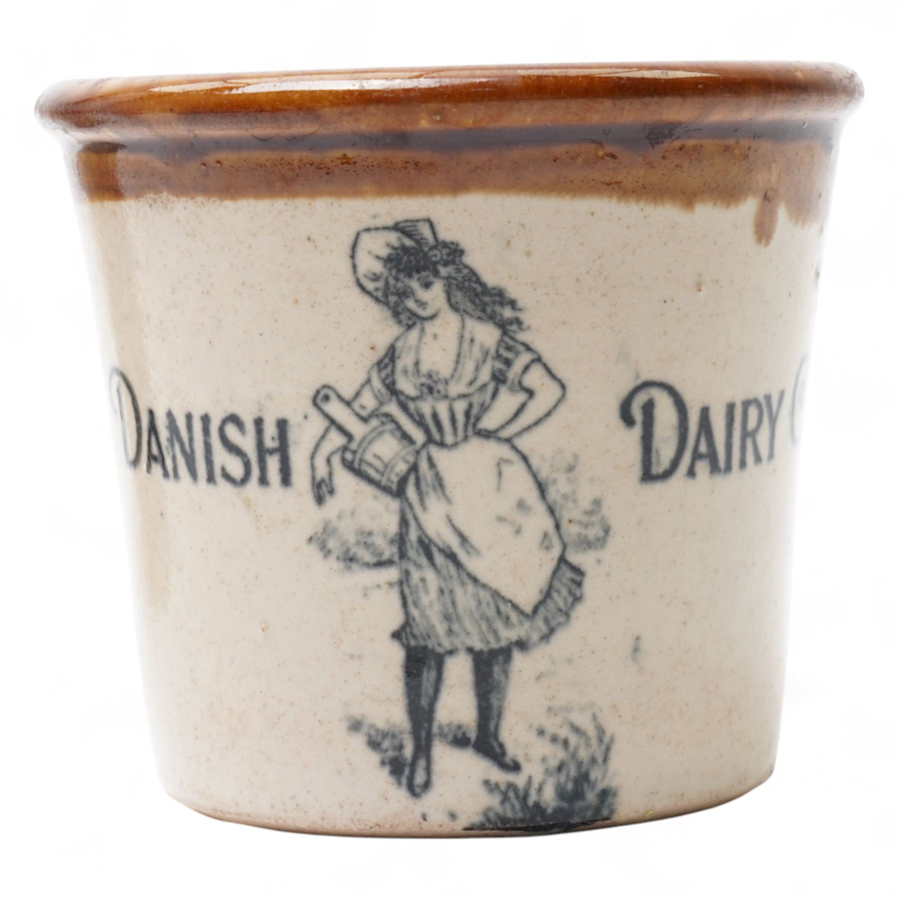 Port Dundas, Glasgow stoneware butter crock inscribed 'Danish Dairy Co.' with loop handle and dipped brown top and another 'Maypole Dairy Co. Ltd.' each H12.5cm (2)