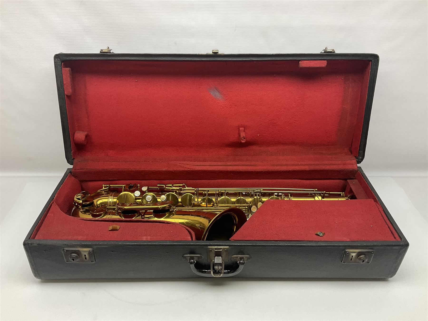 Mid-20th century French Henri Selmer Mark VI tenor saxophone, serial no.M.70644 for 1957, various French, English and American patent numbers, crudely stamped J.A.Brown twice to thumb rest; in fitted hard case with crook and other accessories including two Berg Larsen mouthpieces, reed cutter etc