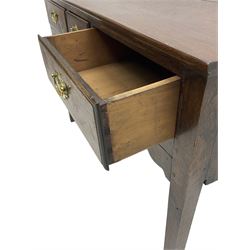 Early 20th century Georgian design oak console table, rectangular top over three drawers with brass handle plates, on square tapering supports