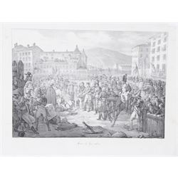 Two 19th Century engravings, depicting Napoleon meeting the Italian forces march, 1812  and Napoleon in Lyon, 1789, H40cm
