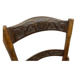 Jacob & Josef Kohn - set of four early 20th century Austrian bentwood chairs, each with carved decoration to the shaped backrest and shaped seat, on splayed supports with stretchers, marked with the manufacturer's stamp and paper label beneath
