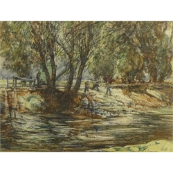  John Charles Moody (British 1884-1962): Anglers by a Stream, watercolour and charcoal signed 36cm x 47cm  DDS - Artist's resale rights may apply to this lot    