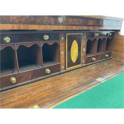 19th century figured mahogany secretaire chest, crossbanded top, above fully fitted secretaire drawer with oval figures panel, above three further drawers, on bracket feet

