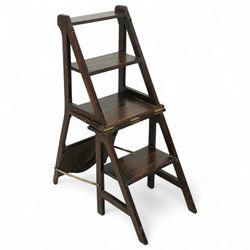 Arts & Crafts oak metamorphic chair, circular panelled back above hinged seat opening into a set of library steps with brass securing straps, circa 1900