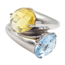 18ct white gold briolette cut topaz and citrine crossover ring, stamped 750
