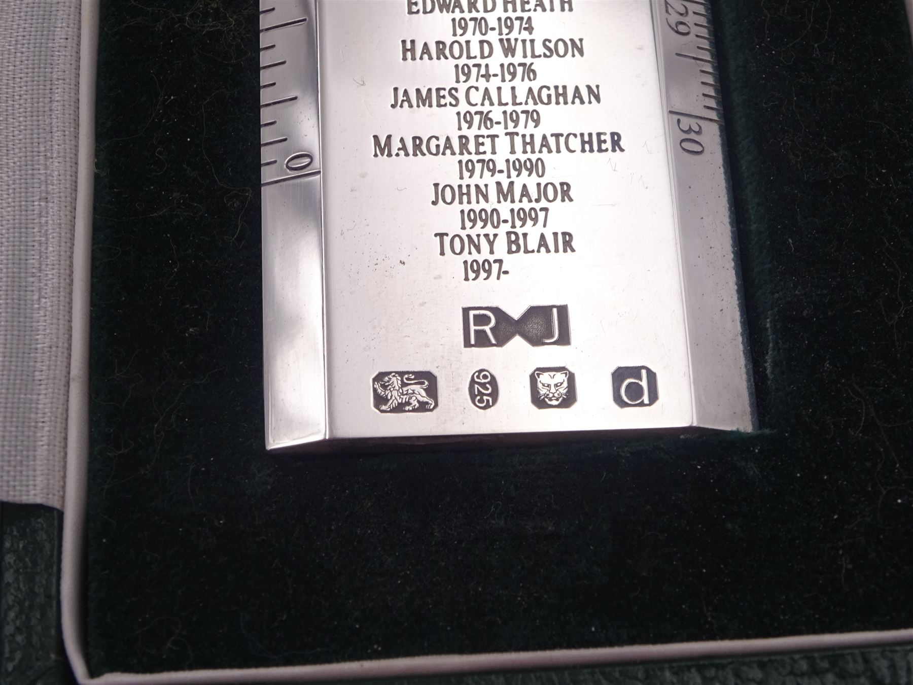 Modern silver 'Premier Rule' ruler, by Richard Jarvis of Pall Mall, engraved with the names and dates of British Prime Ministers from 1721 to 1997,  hallmarked Richard Jarvis, London 2003, L33.5cm, within silk and velvet lined fitted case
