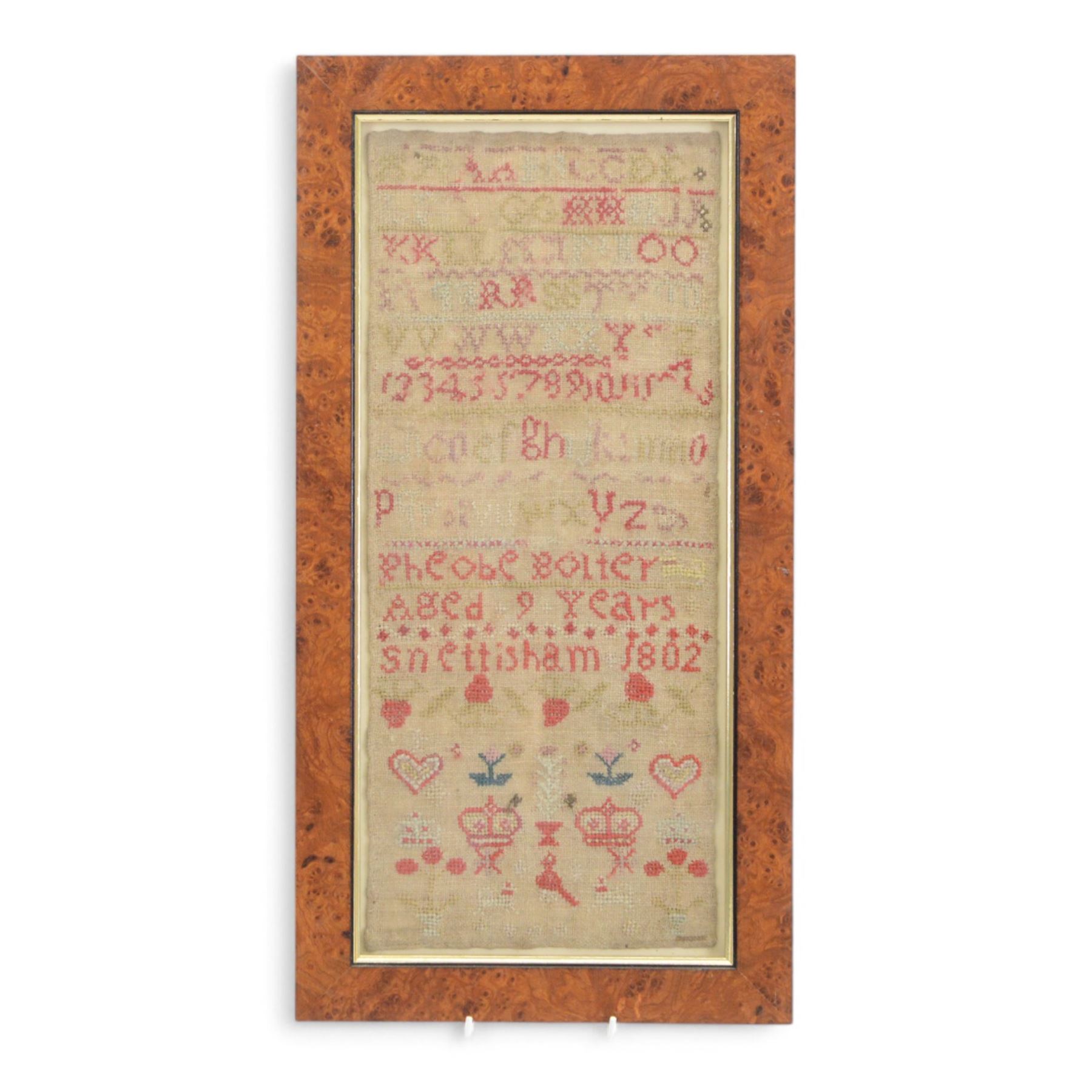 Three framed samples, including 19th century alphabet sampler by Pheobe Bolter aged 9 years, largest H51cm, W26cm 