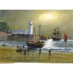  Figures on the Beach Scarborough, 20th century oil on board signed by Robert Sheader 28.5cm x 38cm  