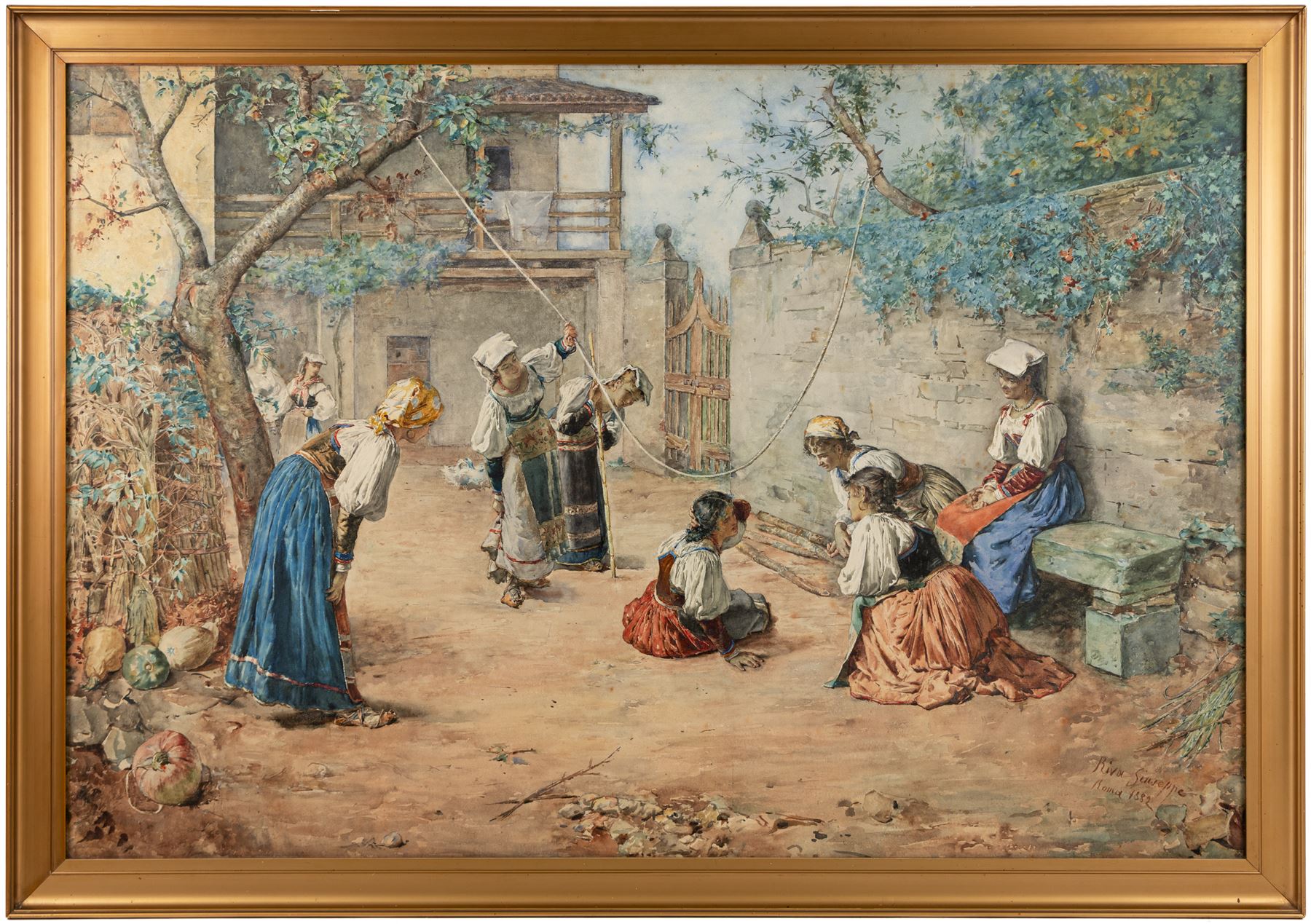 Giuseppe Riva (Italian 1834-1916): Italian Ladies in a Roman Courtyard, watercolour signed inscribed and dated 1882, 66cm x 98cm 