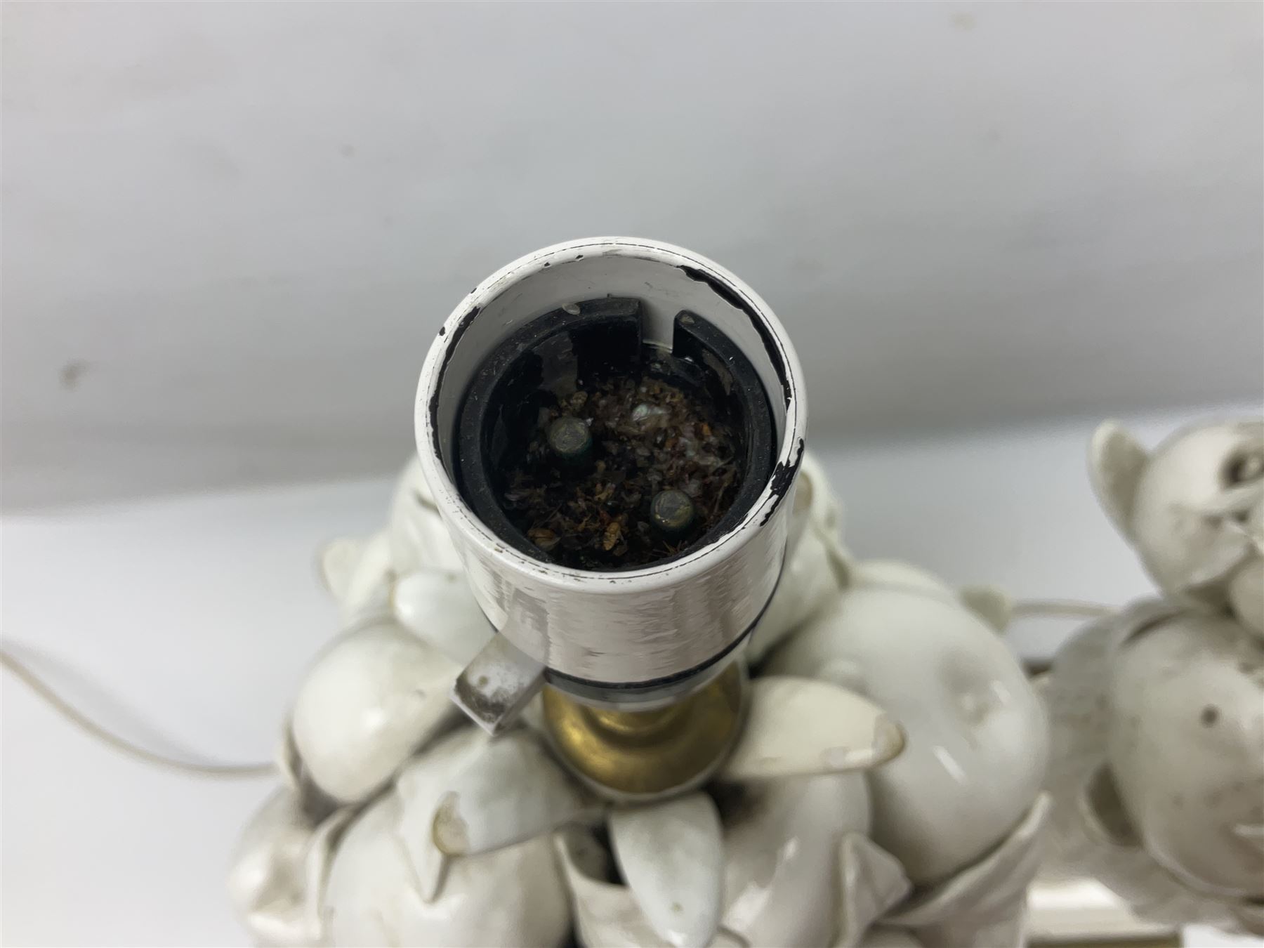 Pair of Casa Pupo white-glazed table lamps, modelled as a fruit upon a column of baluster form with foliate decoration, on a giltwood base, H62cm