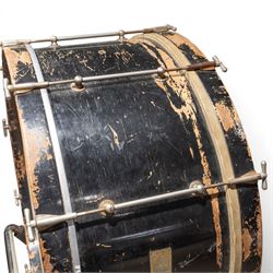 1930s Carlton Standard large concert bass drum, with Remo Fiberskyn 2 head, wooden shell and metal tension rods, on chrome cradle stand, with black hard carry case, D69cm