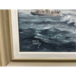 Colin Verity (British 1924-2011): 'Express Packet To Hamburg', the Great Central Railway Company steamer Immingham, oil on board signed, inscribed verso 34cm x 49cm 
Notes: Immingham, built by Swan Hunter of Wallsend and launched on 8th May 1906, was one of two 18 knot steamers commissioned by the GCR for the Grimsby-Rotterdam route, alongside Marylebone.
The ship's Parsons steam turbines were direct-drive units that proved uneconomic, and both vessels were soon rebuilt as single-screw steamships with the funnels of each reduced in number from two to one. She was requisitioned in 1915 by the Admiralty for Royal Navy use as a stores carrier and renamed HMS Immingham. She sank on 6th June 1915 after a collision with the boom defence vessel HMS Reindeer in the Mediterranean Sea, whereas Marylebone was maintained for another twenty years before being scrapped in 1938.