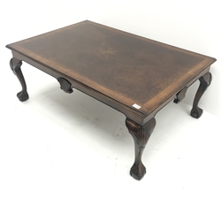  Georgian style inlaid and cross banded walnut coffee table, shell carved cabriole legs on ball and claw feet, W82cm, H48cm, D83cm  
