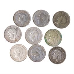 Six King George V 1935 'Rocking Horse' silver one crown coins and three King George VI 193...