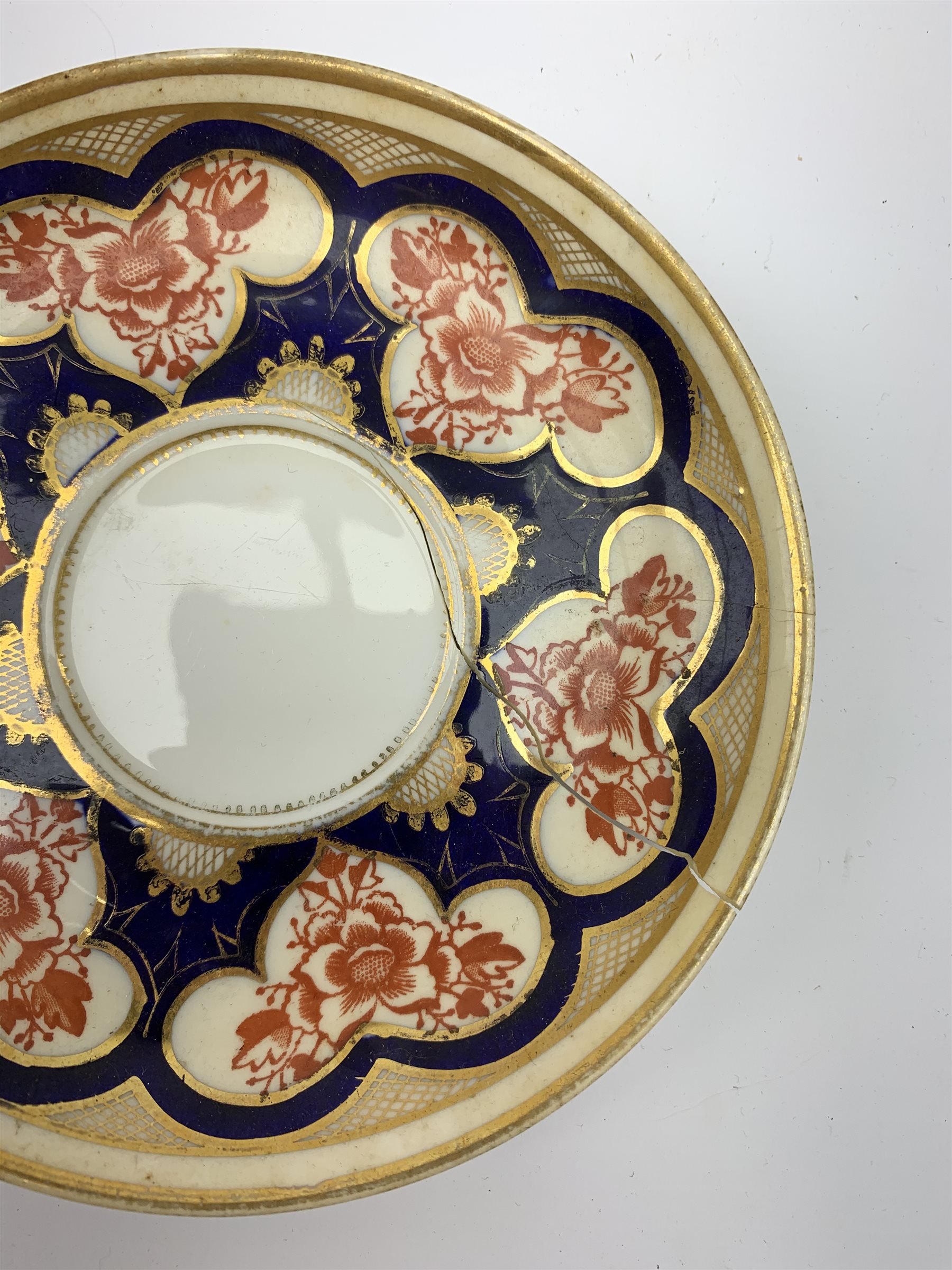 Wileman & Co (Foley) teawares, in the 'Japan' Imari pattern, no 3464, comprising six coffee cans and twelve saucers, eleven side plates, one moustache cup and one saucer, two cake plates, milk jug, and slop bowl. 
