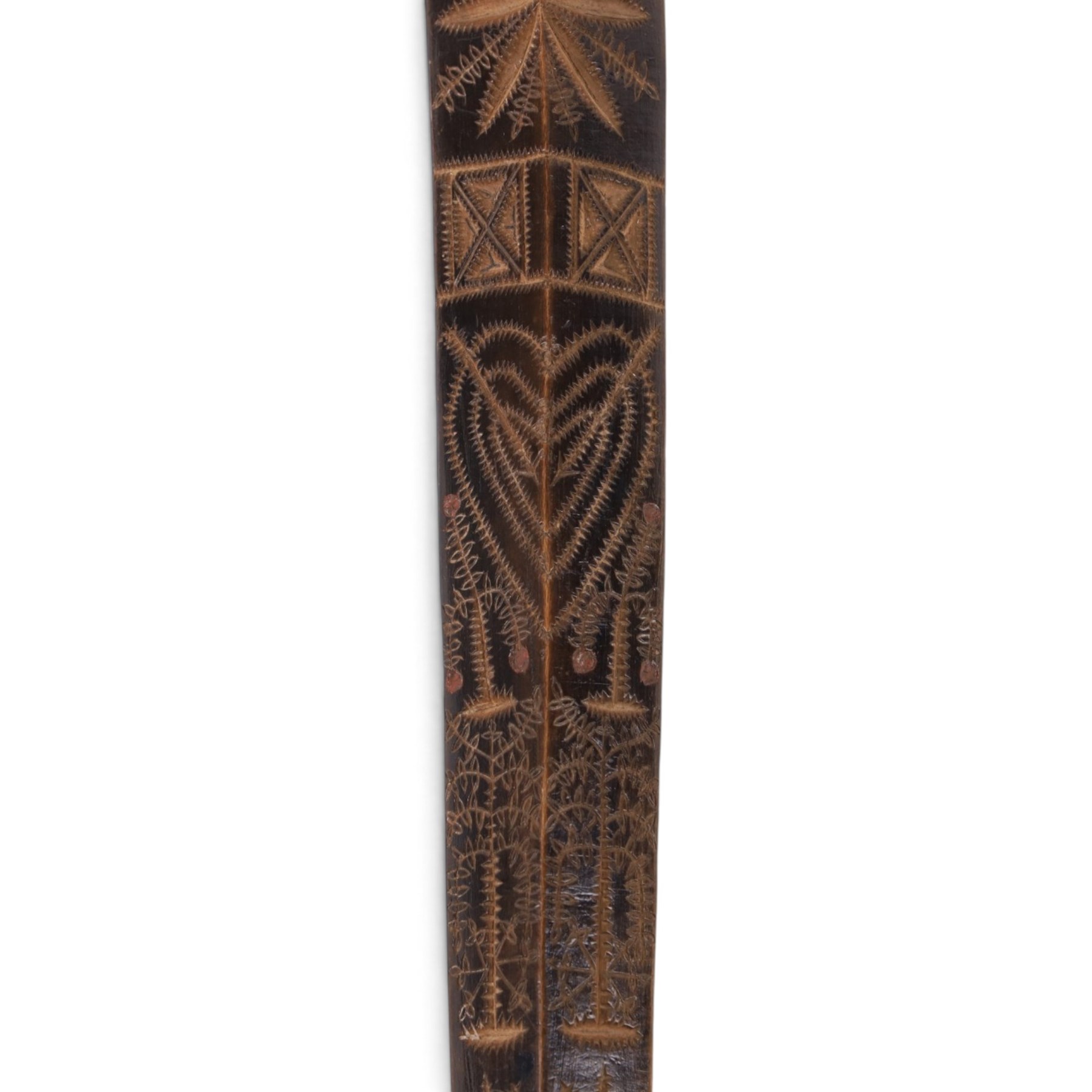 19th century stay busk, of typical triangular form carved with hearts and stylised flowers, with two carving of birds to the verso, L29cm