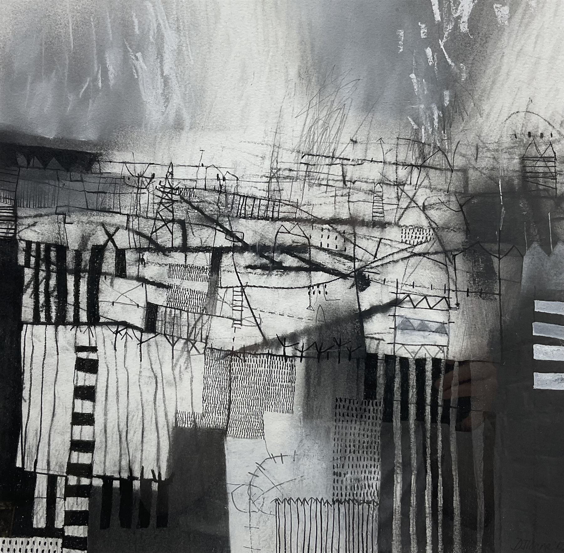 Debbie Loane (Northern British Contemporary): 'A Landscape at Work', mixed media, signed titled and dated 2012 verso 34cm x 34cm 