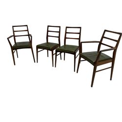 Richard Hornby for Fyne Ladye - set of six (4+2) mid-20th century dining chairs, ladder back over green faux leather upholstered drop-in seat, on tapering supports
