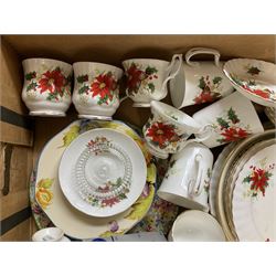 Royal Albert Poinsettia pattern part tea service, including tea cups, mugs, dessert plates, cake plate, together with James Kent plates, Crown Staffordshire Vermouth ceramic decanter label, glassware etc, two boxes 
