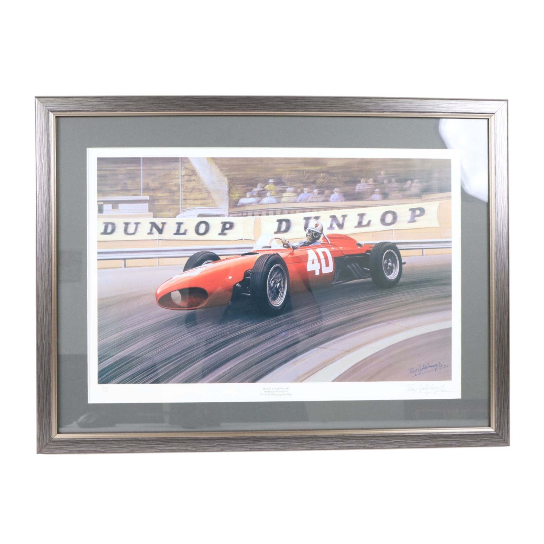 Two limited edition signed motor racing prints, the first by Ray Goldsborough depicting a Sharknose Ferrari 156 driven by Wolfgang Von Trips at the Monaco Grand Prix 1961, limited edition no. 36/475, the second by Robin Owen depicting a Sharknose Ferrari, limited edition no. 64/500, both numbered and signed by the artists, largest H56cm, W66cm